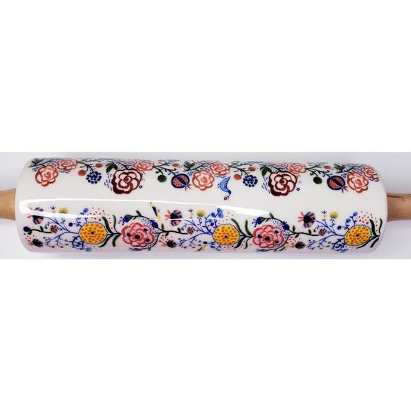 ?Rare ANTHROPOLOGIE Marian Floral 18" Ceramic Rolling Pin w/ Wood Handles in EUC - Picture 3 of 6